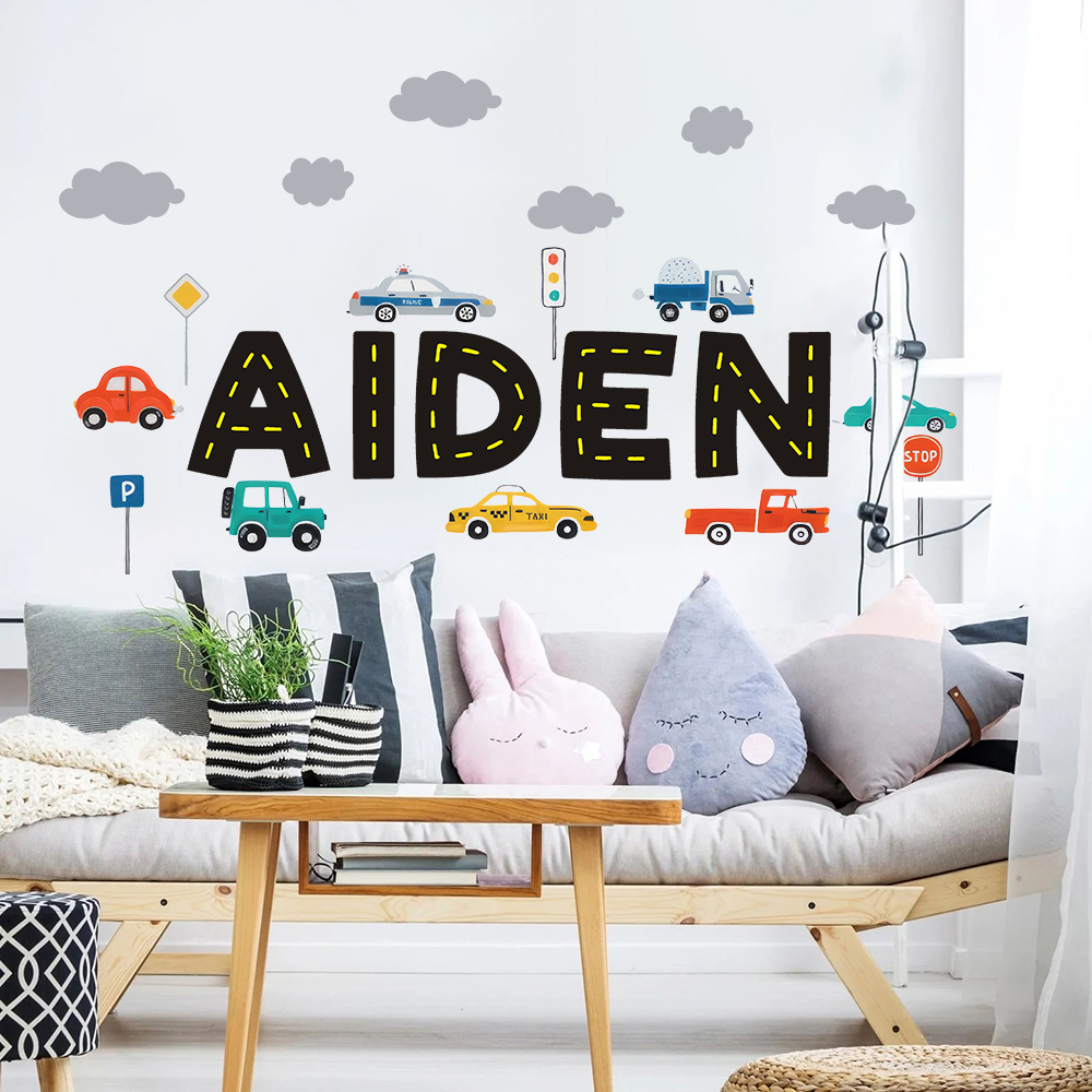 Baby Nursery Stickers - Custom Name Construction Vehicles Truck Wall