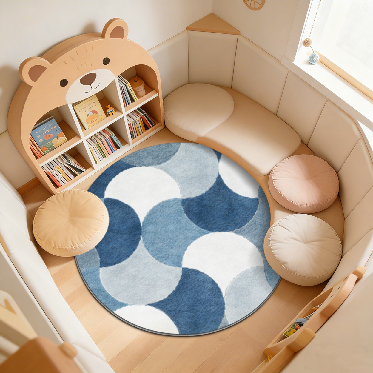 Baby Nursery Carpet - Kids Round Geometric Blue Pattern Rug