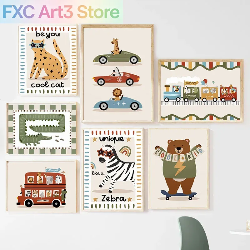 Baby Zebra Nursery - Frameless,Funny Cartoon Animals Car Bus Nursery
