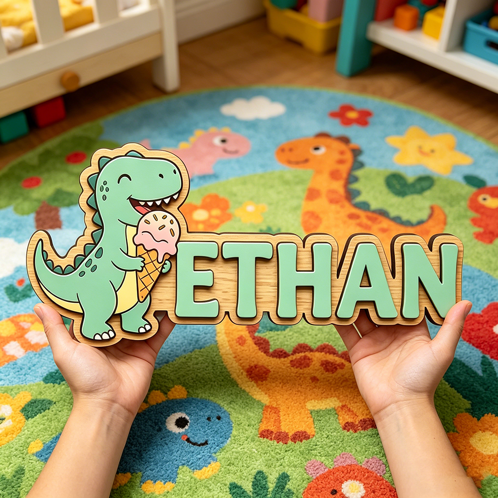 Baby Nursery Decor - Whimsical Ice Cream Dinosaur Custom Name