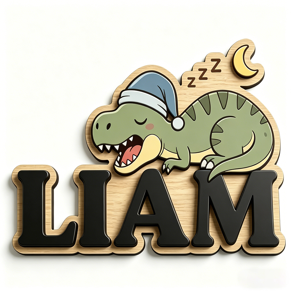 Baby Nursery Decor - Personalized Sleepy Dinosaur Name Sign, Wooden