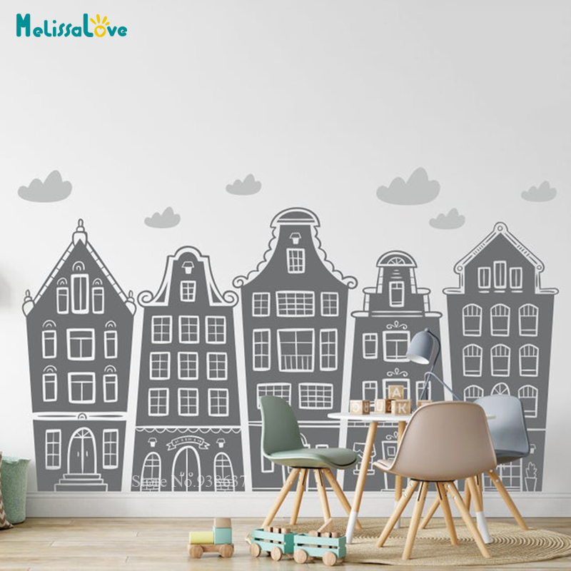 Baby Nursery Stickers - Scandinavian Houses & Clouds Decal Nursery