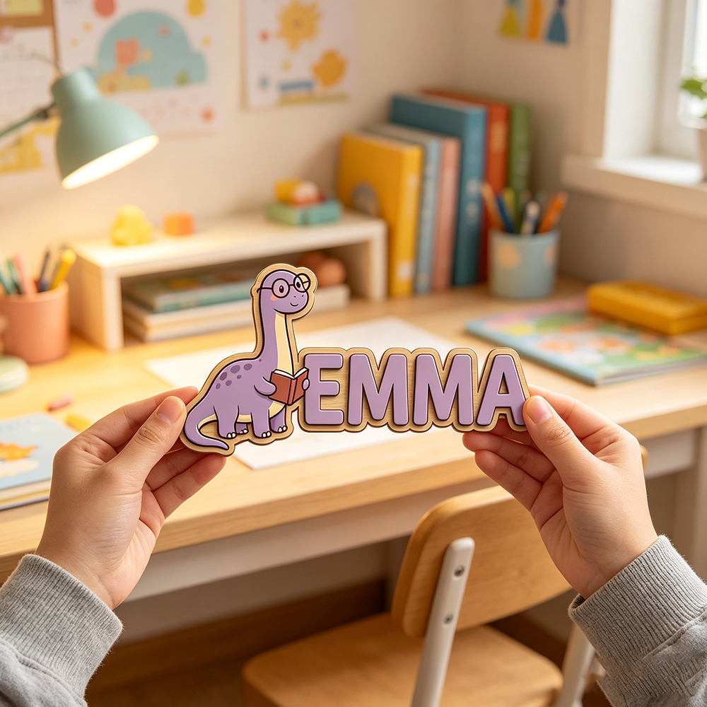 Baby Nursery Decor - Whimsical Nerdy Dinosaur Custom Name Plaque